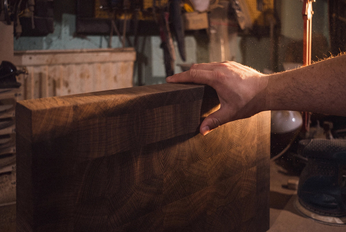 Handcrafted end grain cutting board in the Runewood workshop
